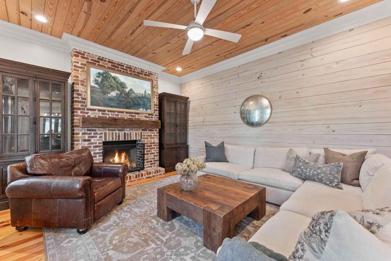 Wood-ceiling living room interior real estate photo